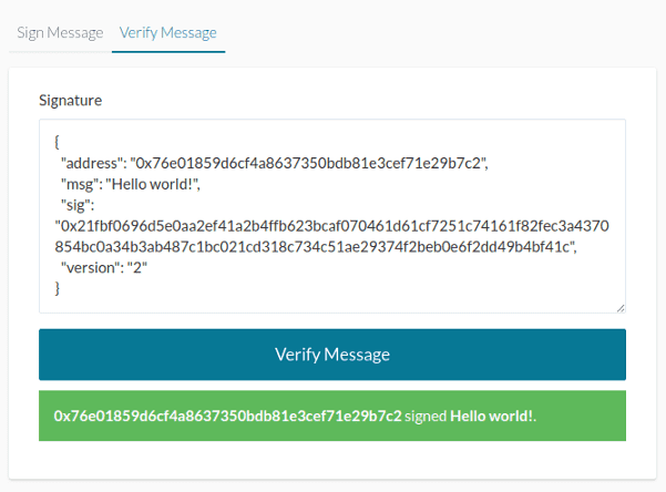 The signature verification passes on MyCrypto.
