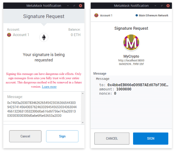 Signing a message with MetaMask. The old signed transaction interface (using personal_sign) on the left, the new one (using EIP-712) on the right.