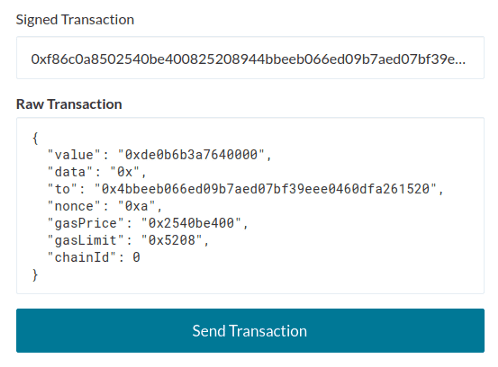 Overview of the transaction parameters on MyCrypto's broadcast signed transaction page.